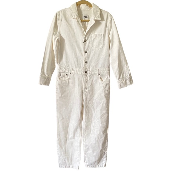 Zara Pants - ZARA Jumpsuit White Cotton Denim Coveralls Button Up Straight Leg Cropped NWT